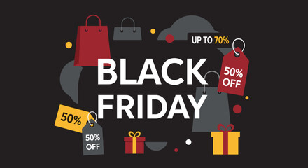 Black Friday sale banner with shopping bags and discount tags Commercial promotion design