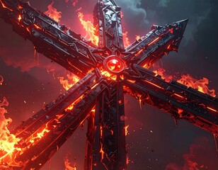 Fiery metallic cross detail, surrounded by flames in a dark sky
