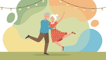 Happy elderly couple dancing joyfully under string lights celebrating life and love