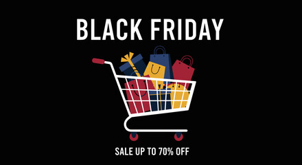 Black Friday sale graphic with shopping cart full of gifts and bags Up to 70 off promotion
