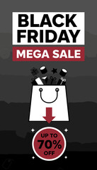 Black Friday Mega Sale banner with shopping bag gifts and up to 70 off discount promotion
