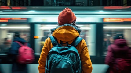 A person standing on a subway platform, wearing a red beanie and a yellow jacket, with a blue backpack, looking at a moving subway train.