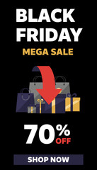 Black Friday Mega Sale with 70 off featuring shopping bags and gift boxes Shop now