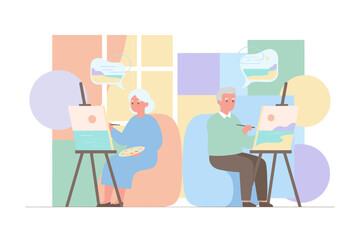 Happy senior couple painting serene landscapes enjoying a creative and relaxing hobby