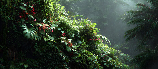 Dark green plants growing in a lush foliage background of tropical leaves like anthurium, epiphytes, or ferns, forming a beautiful green plant wall design in a cloud forest.