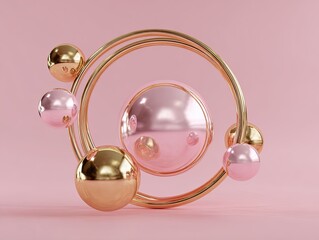 Abstract composition featuring glossy golden and pink spheres with reflective surfaces against a soft pastel backdrop