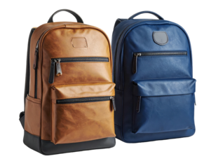 Two modern backpacks, one tan and one blue, with multiple pockets and black accents