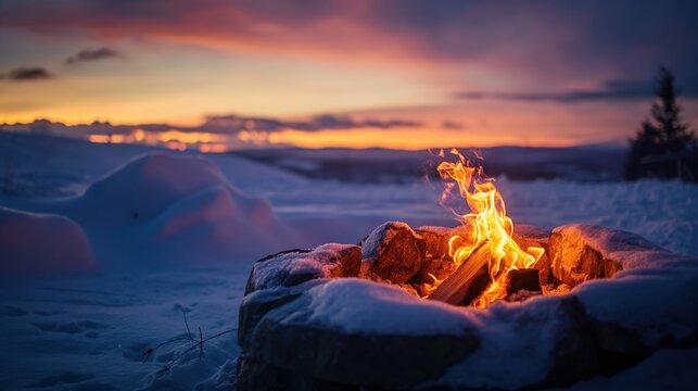 A cozy fire pit surrounded by snow under a colorful sunset. The scene captures the warmth of winter traditions and the beauty of seasonal change.