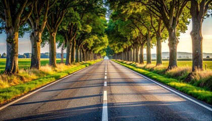 Fototapeta premium Empty Asphalt Road Lined With Tall Green Trees During Golden Hour With Warm Sunlight Filtering Through The Leaves And Creating Long Shadows Across The Pavement
