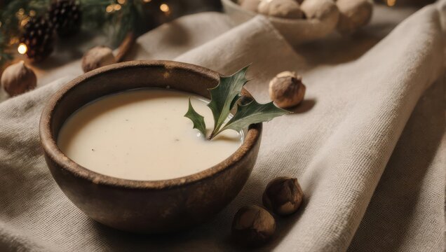 Creamy Chestnut Soup with Holly Garnishment in Rustic Bowl.