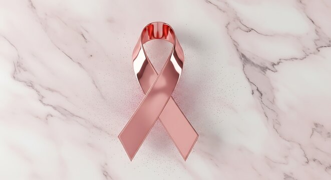 Pink ribbon symbol of breast cancer awareness on marble background
