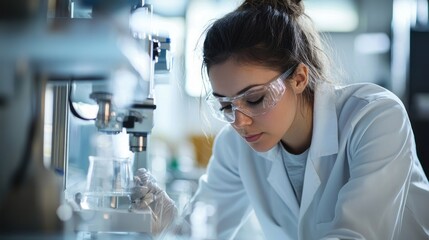A female scientist in a lab coat and goggles, examining a sample under a microscope.