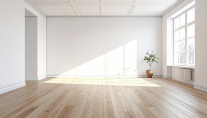 Fototapeta premium Empty Modern Room With Wooden Floor And Large Window Casting Sunlight Shadows On White Walls Minimalist Interior Design Natural Lighting Bright Atmosphere