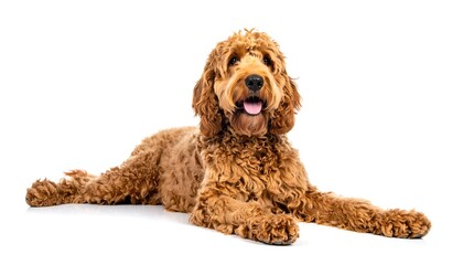 Fototapeta premium Adorable Golden Doodle Dog Relaxing on White Background.