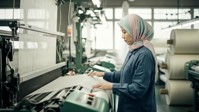 A woman in a factory setting inspects fabric being produced by a textile machine