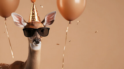 Whimsical deer portrait featuring a deer with party hat and sunglasses. Balloons and confetti add to the celebratory mood. A perfect image for animal lovers!