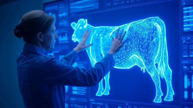 smart livestock system, woman interacts with holographic cow model