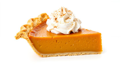 Slice of pumpkin pie with whipped cream on white background for Thanksgiving Day  