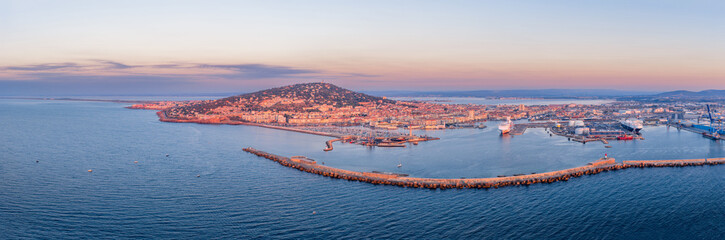 Aerial panorama of Mont Saint Clair de Sète at sunrise in Hérault in Occitanie, France