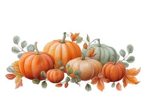 Autumn Pumpkins and Leaves Watercolor Illustration isolated on a transparent background