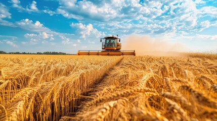 Fototapeta premium A combine harvester in a wheat field, harvesting crops under a blue sky with white clouds.