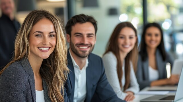 A group of business professionals sitting in a conference room, smiling and engaged in a meeting.
