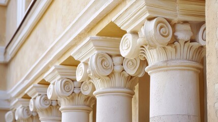A row of ornate, white, classical columns with intricate scrollwork and a beige, stone building in the background.
