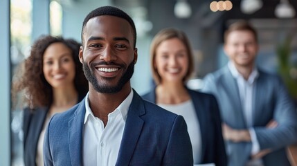 A smiling African American man in a suit standing in front of a group of business professionals.
