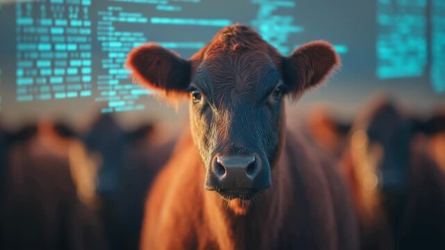 smart livestock system, cow in front of digital data background