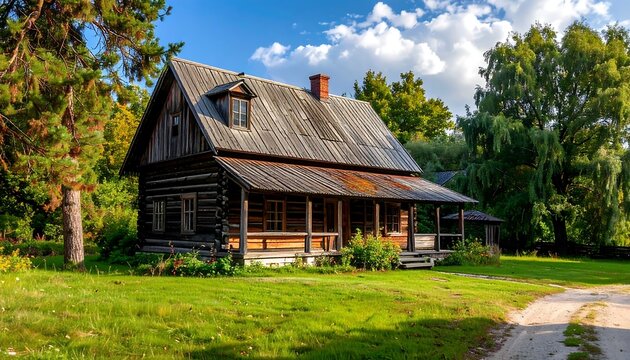 Charming Log Cabin in Rural Setting with Lush Greenery.