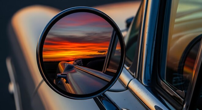 Classic Car Mirror Reflecting a Vibrant Sunset Landscape Dramatic Sky and Golden Hour Light Nostalgic Automotive Photography