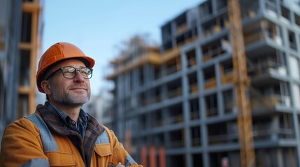 Confident Engineer Overseeing Construction Site Progress with Determination