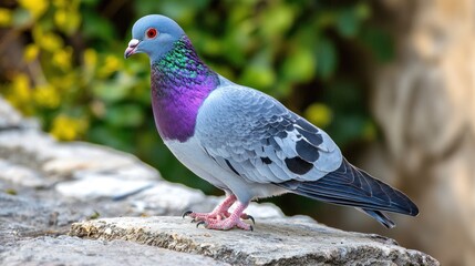 A colorful pigeon perched on a stone wall with green foliage in the background.