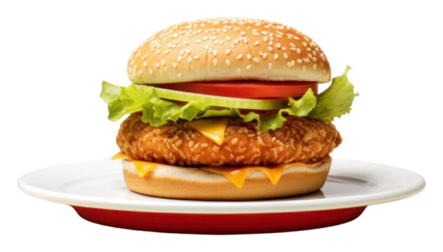 PNG Chicken burger on a plate food hamburger vegetable. - Powered by Adobe