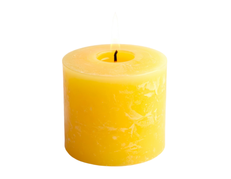 A cylindrical yellow candle with a burning flame against a black background