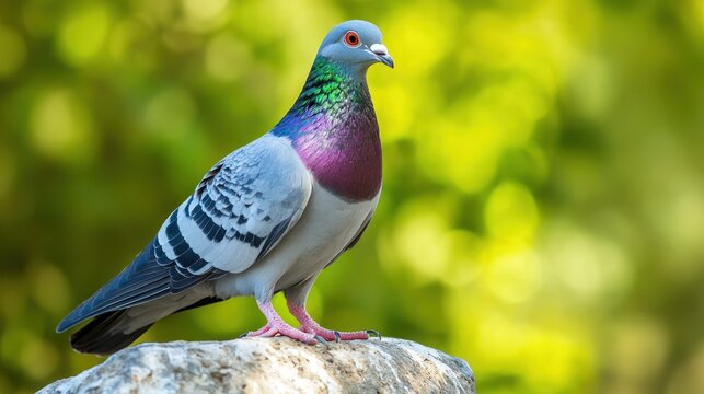A colorful pigeon perched on a rock with a blurred green background.