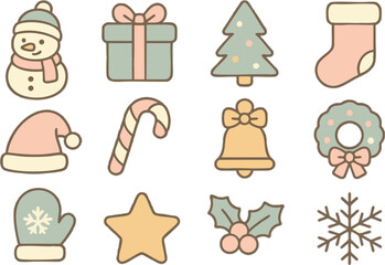 A minimalist vector-style Christmas icon sheet with 12 icons arranged in a clean 3x4 grid on a solid background