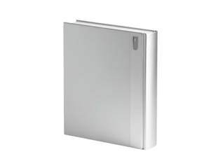 A gray, upright book or binder with a simple design, slightly angled