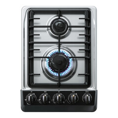 Overhead view of a stainless steel, two-burner gas stovetop with lit blue flame and control knobs