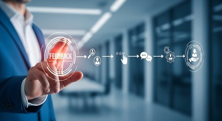 Digital feedback loop visualized with a business professional interacting with a touchscreen interface for customer satisfaction and continuous improvement strategies