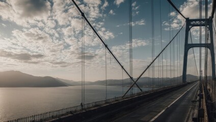Obraz premium Dramatic view of a suspension bridge over calm waters at sunset.