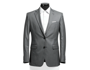 A grey suit with a white shirt on a black mannequin, perfectly displayed