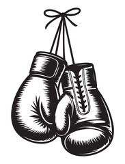 A pair of classic boxing gloves hanging by their laces in a black and white vintage illustration style.