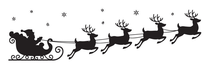 Black silhouette of Santa Claus in a sleigh pulled by five flying reindeer with snowflakes in the sky, depicting a festive Christmas scene.