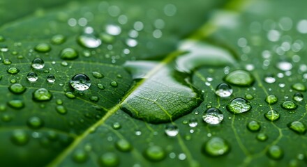 Water Droplets on Green Leaf Macro: Detailed Close-Up of Raindrops on Foliage, Natural Beauty, Freshness, Tranquility, Plant Life, Eco-Friendly Concept, Serene Nature Scene, Wet Leaf Texture