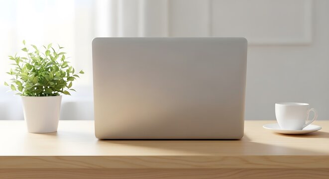 Minimalist Workspace Interior With Laptop, Potted Plant, and Coffee Cup on Wooden Desk: Modern Home Office Setup with Natural Light and Clean Design Elements - Powered by Adobe