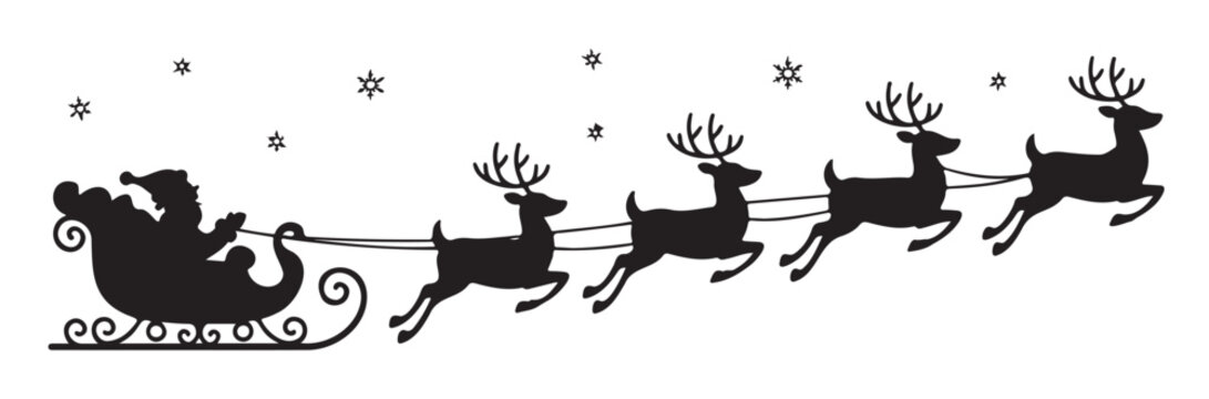 Black silhouette of Santa Claus in a sleigh pulled by five flying reindeer with snowflakes in the sky, depicting a festive Christmas scene. - Powered by Adobe