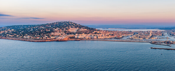 Aerial panorama of Mont Saint Clair de Sète at sunrise in Hérault in Occitanie, France