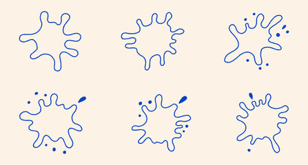 Hand-Drawn Outline of Paint Splashes, Ink Drops, and Abstract Stains, Artistic Liquid Blots in Different Shapes, Vector Illustartion