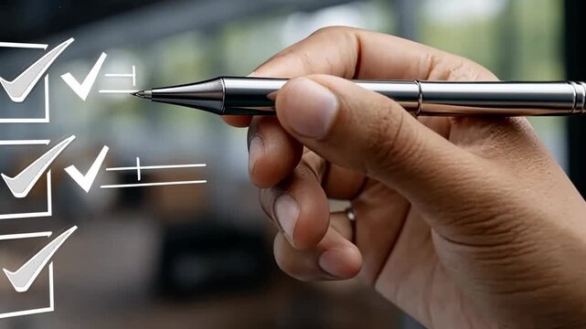 Hand holds silver pen to mark completed tasks on a checklist in a bright, modern workspace during daytime